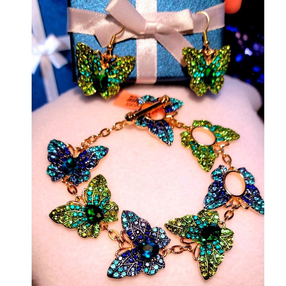NEW Sparkling Butterfly Jewelry Set Earring Bracelet Green Blue Rhinestone Women